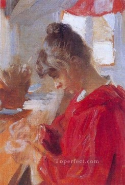  Marie Lienzo - Marie en vestido rojo 1890 Peder Severin Kroyer